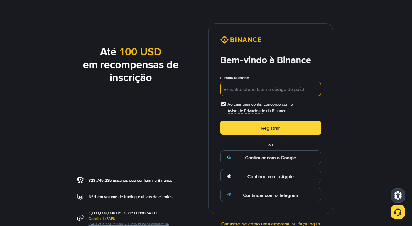 Página de cadastro da Binance em português: campo de e-mail ou telefone, botão Registrar e opções de continuar com Google, Apple ou Telegram“ width=”1404“ height=”770“ loading=”lazy